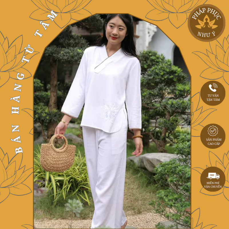 Pháp Phục đi chùa , Bộ Đi Lễ Chùa Nữ- Quần Áo Đi Chùa Bộ Linen cao cấp thêu sen thủ công