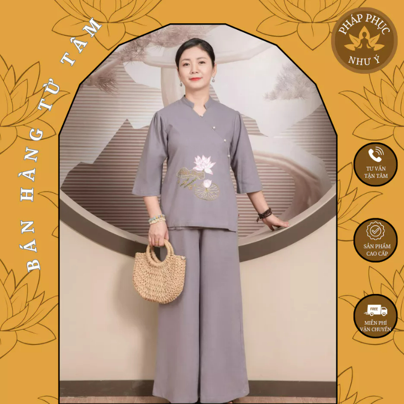 Pháp Phục đi chùa Vải LINEN, THÊU SEN THỦ CÔNG , Bộ Đi Lễ Chùa Nữ- Quần Áo Đi Chùa cao cấp