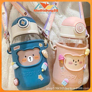 Bình đựng nước hình gấu HAPPY 620ml có quai đeo ( TẶNG Sticker 2D&3D và ỐNG HÚT) kiểu dáng dễ thương cho bé và học sinh