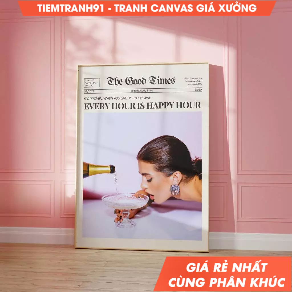 Tranh treo tường, Every Hour Is Happy Hour Preppy Newspaper Poster Champagne Retro Newspaper, tặng k
