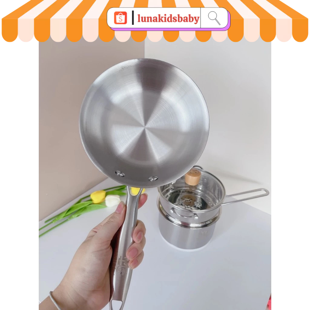 Chảo inox Mum bébé đáy đúc liền nguyên khối 3 lớp đáy tay cầm chắc chắn đường kính 16cm Lunakidsbaby