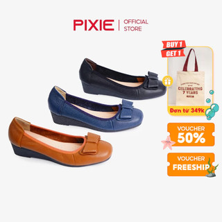 Giày Búp Bê Đế Xuồng 4cm Da Thật Phối Nơ 2 Tầng Pixie H174