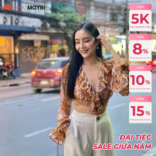 Áo Maybi croptop ôm voan in phối bèo