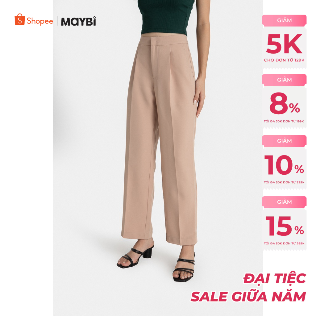 MAYBI Quần dài ống suông bố lụa nâu da