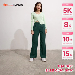 Quần Maybi dài ống suông linen xanh đậm