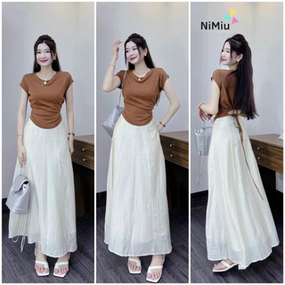 Sét váy thời trang nữ mặc đi chơi áo chất thun gân cổ tròn tay canh dơi hở eo sau lưng phối chân váy voan tơ 2 lớp maxi