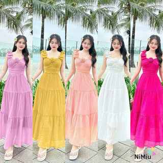 Đầm Tằm Tơ Đi Biển - 2 Dây Cánh Tiên, Quay Bông Lớn, Có Mút, Xoè Maxi (5 Màu)