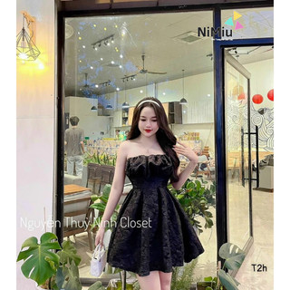 Đầm thời trang nữ mặc đi chơi chất gấm dây cườm 2 dây phồng bèo xoắn ngực
