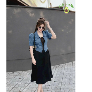Đầm thun gân khoác jeans thời trang thiết kế nữ đầm dài cổ sơ mi nhấn eo kèm khoác áo tay ngắn trẻ trung