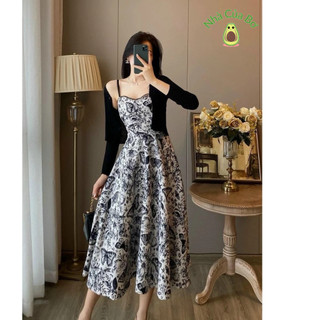 Đầm lụa in hoa khoác thun gân thời trang nữ nhẹ nhàng sang chảnh đầm 2 dây khoác dài tay đầm dài xòe