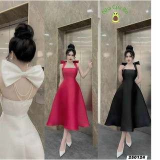 Đầm Đi Tiệc Nữ Thời Trang Thiết Kế Chất Tapta Cổ Vuông 2 Dây Thắt Nơ Sau Hở Lưng Váy Dài Xòe Sang Trọng