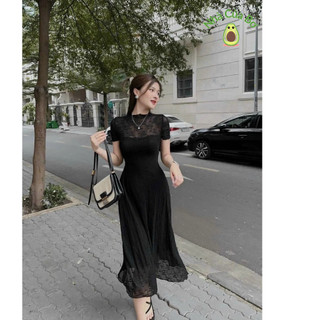 Đầm ren kèm lót thời trang thiết kế nữ cổ tròn tay ngắn phối lớp lưới đầm dài xòe nhẹ nhàng sang trọng