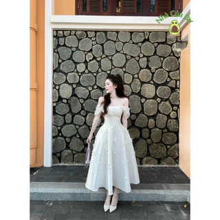 Đầm thời trang thiết kế nữ chất tapta đầm trễ vai nhấn eo đầm dài xòe đính hoa sang trọng, nhẹ nhàng