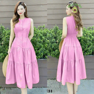 Đầm thời trang thiết kế nữ chất lụa 100D cổ tròn sát nách đính nút nhún eo đầm dài xòe nhẹ nhàng dịu dàng