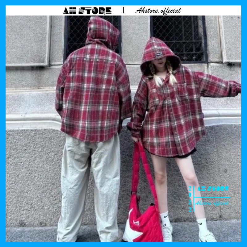 Áo Sơ Mi Flannel Dài Tay Sọc Caro Có mũ Nam Nữ Form Rộng Hàn Quốc Unisex - AHSTORE