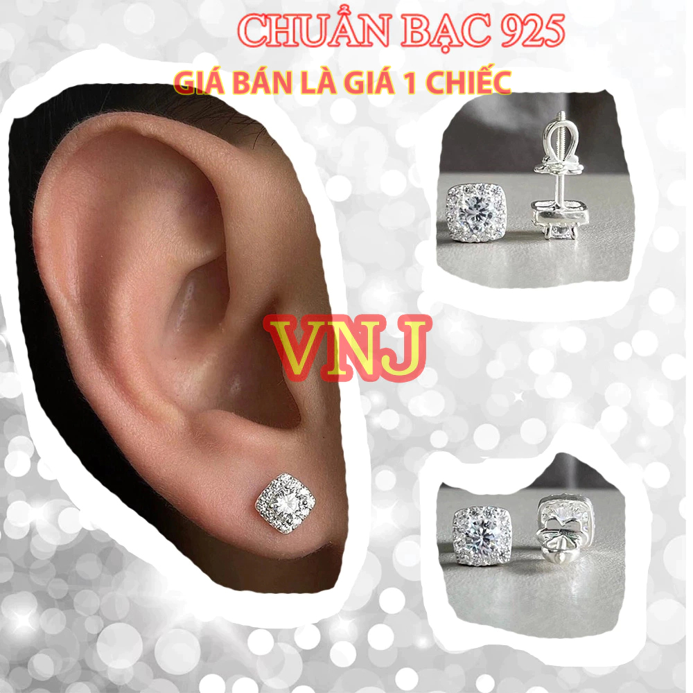 Bông tai nụ vuông Bạc 925 cho nam nữ VNJ chốt cài V26 (Hoa tai - Khuyên tai nụ vuông bạc 925 cho nam
