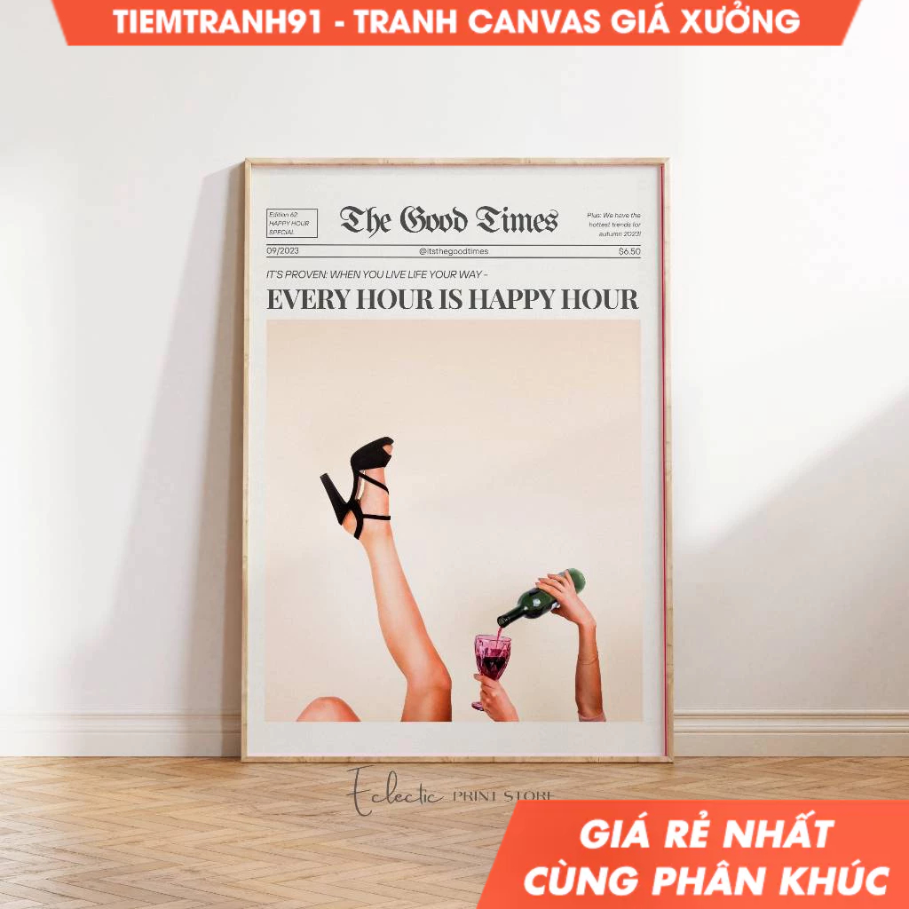 Tranh treo tường, Newspaper Every Hour Is Happy Hour Wall Art Retro Newspaper Poster Preppy Dorm Roo