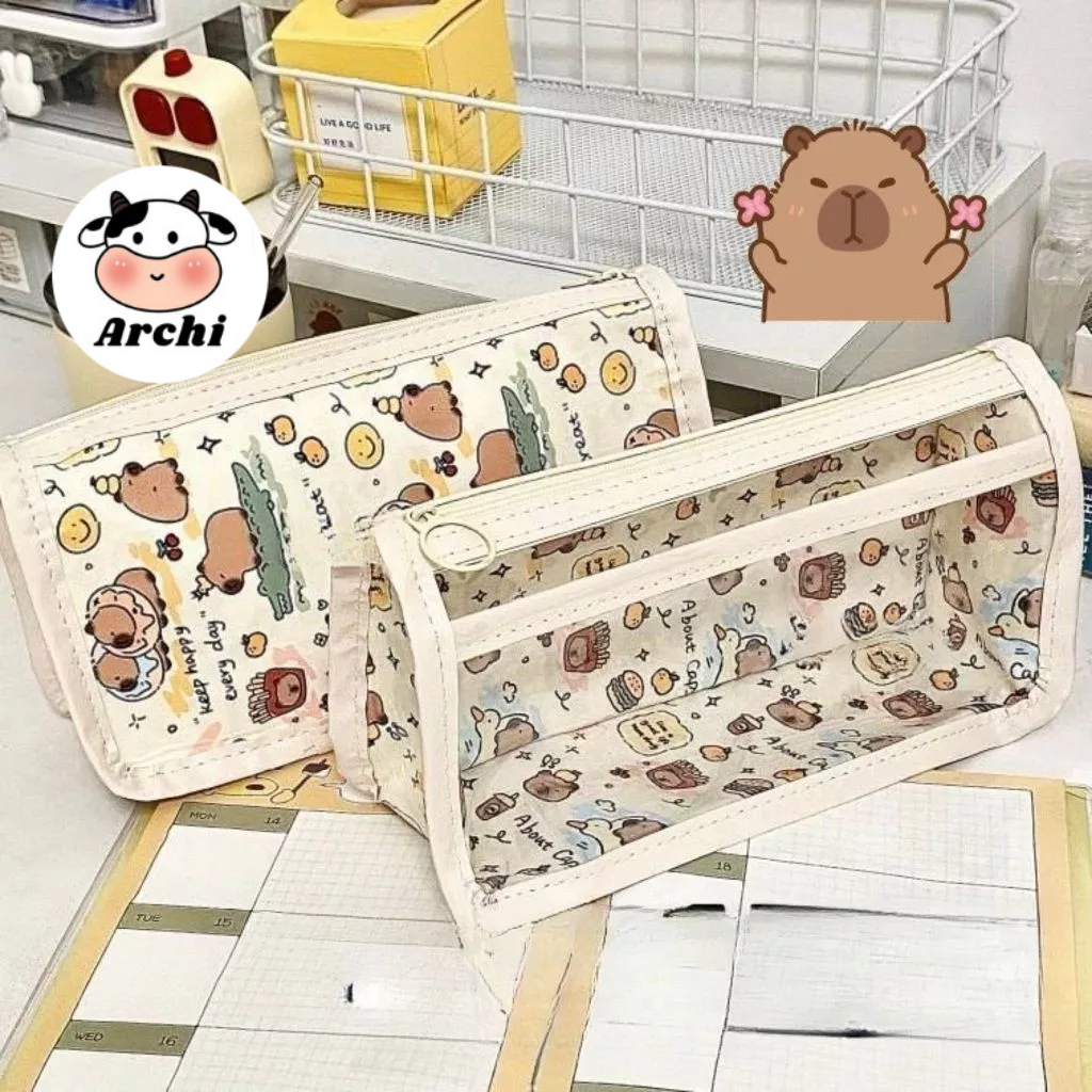 Túi đựng bút Capybara Kuromi Shin caro cỡ lớn bằng nhựa pvc chống nước phong cách basic