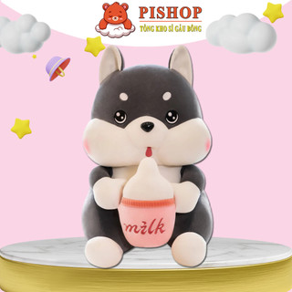 Gấu bông chó xám ôm bình sữa thú bông chó husky ôm bình sữa hàng nhập loại 1