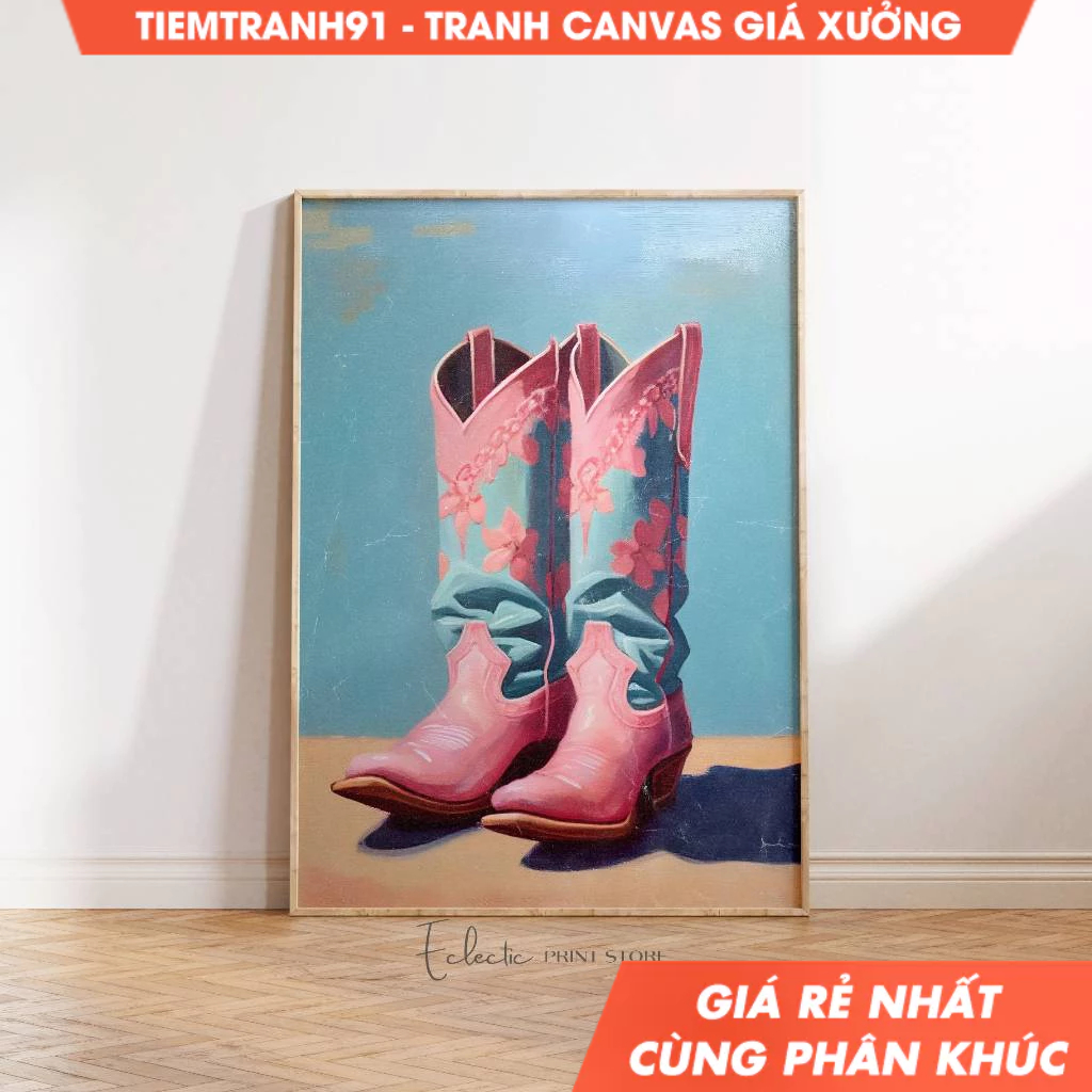 Tranh treo tường, Pink Cowboy Boots Trendy Oil Painting Girly Western Decor Pink Preppy Wall Art Cow