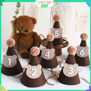  Mũ dạ nâu số từ 1 đến 9 tuổi, mũ happy birthday họa tiết trang trí sinh nhật, thôi nôi
