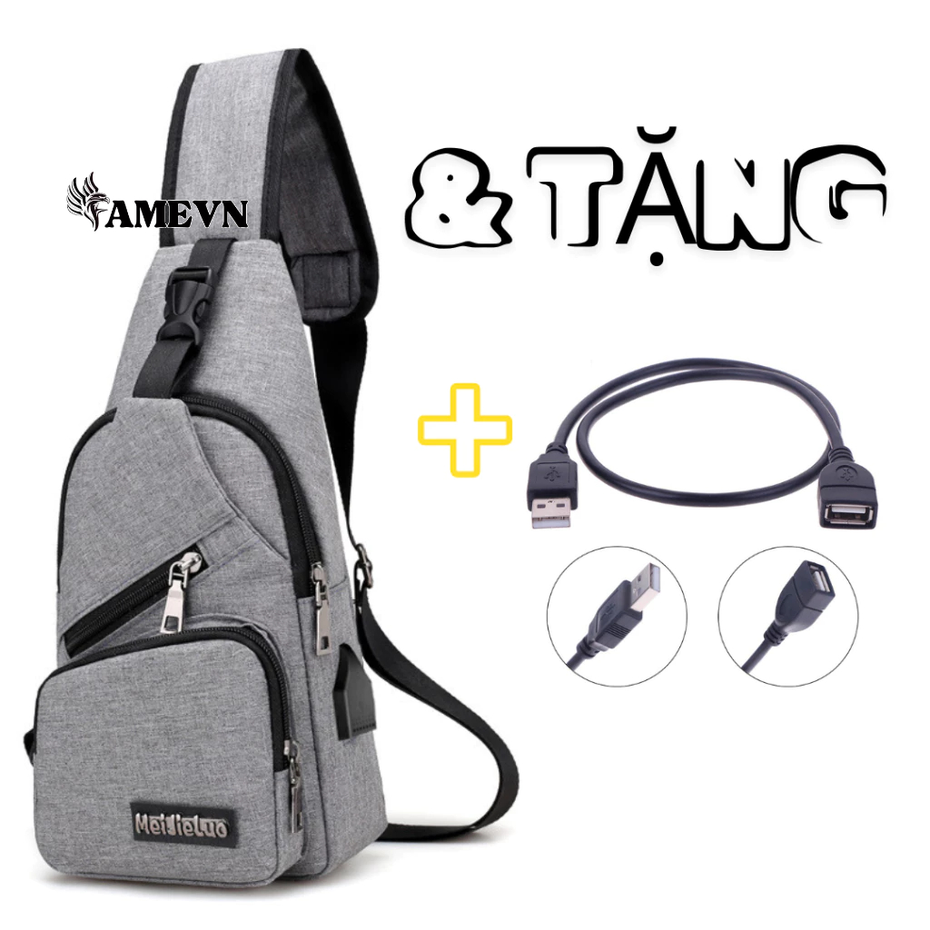 Túi Đeo Chéo Nam Nữ TC02 có USB kết nối sạc, túi 3 ngăn riêng biệt tiện lợi chứa vật dụng