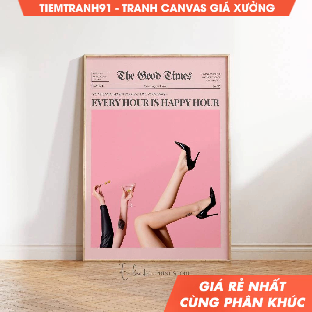 Tranh treo tường, Pink Newspaper Every Hour Is Happy Hour Wall Art Preppy Martini Poster Girly Room 