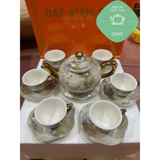 Bộ ấm chén sứ vân loang đá kèm 7 đĩa decor sang trọng- ấm chén kèm đĩa kê