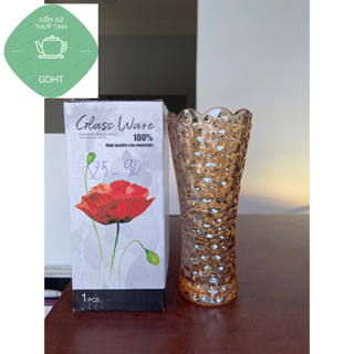 Lọ hoa thủy tinh 25cm màu hổ phách, phong các pha lê, Lọ dáng trụ sọc