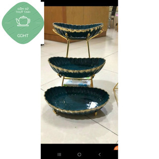 KHAY ĐỰNG BÁNH KẸO HOA QUẢ SỨ MÀU XANH CỔ VỊT HÌNH THUYỀN KHUNG KIM LOẠI MẠ VÀNG 3 TẦNG