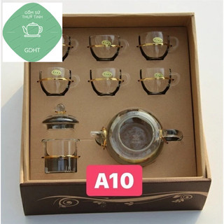 BỘ ẤM CHÉN THỦY TINH ,Bộ bình trà bếp nến 6 cốc thủy tinh 2 lớp kèm lõi lọc chịu nhiệt  A10