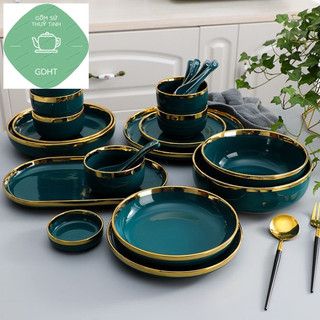 Bộ bát đĩa cao cấp,chén dĩa decor đẹp 26 món viền vàng các màu phong cách Bắc Âu (set cho 6 người )