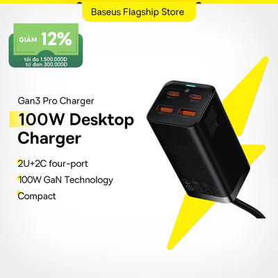 Baseus 100W/65W GaN3 Sạc 2U + 2C Máy Tính Để Bàn Sạc Nhanh 4 Trong 1 Adapter Sạc Điện Thoại