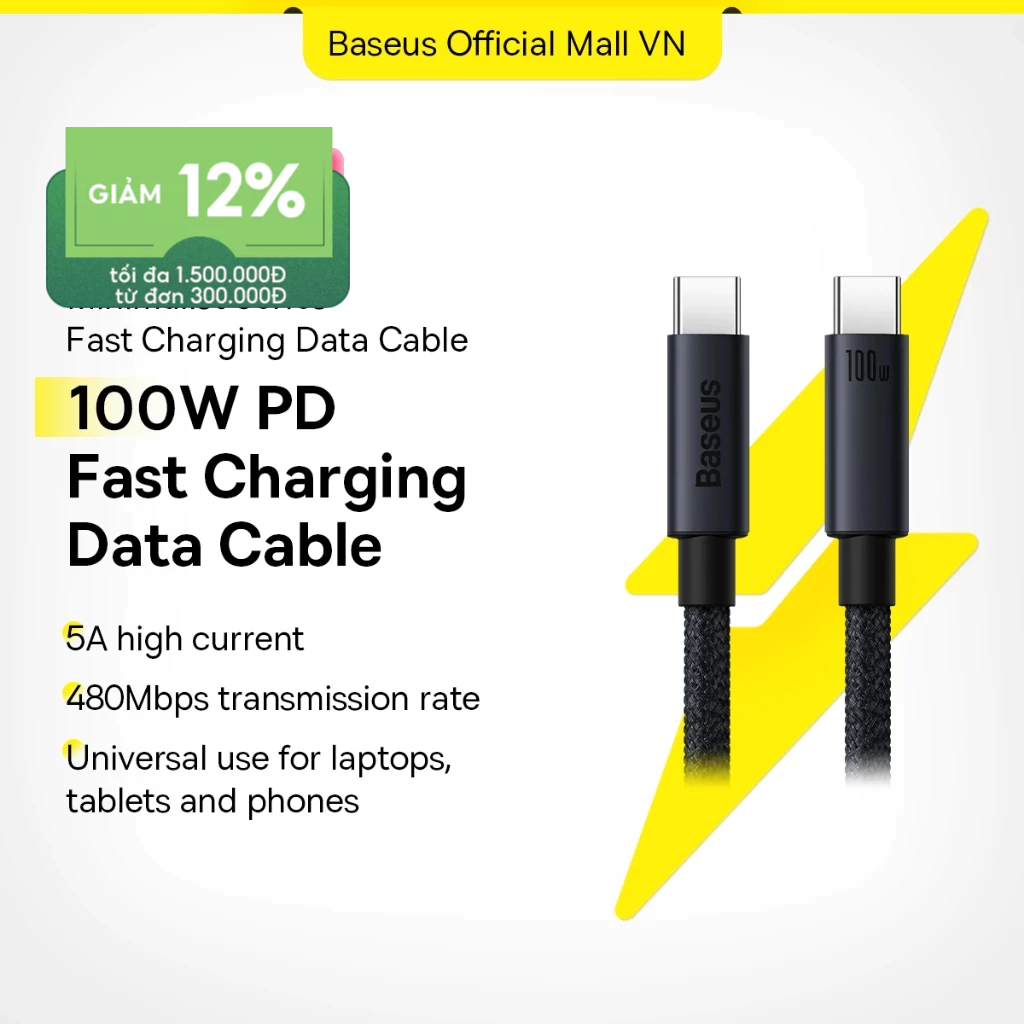 Cáp sạc nhanh Baseus PD 100W USB-C sang Type-C thích hợp cho Xiaomi Samsung i15