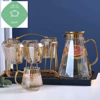 [ kèm ảnh thật ] Bộ bình 6 cốc thủy tinh chịu nhiệt ánh vàng,bạc . Bộ bình thủy tinh đựng nước