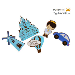 Set hình cắm giấy HOÀNG TỬ bé lâu đài cối xay gió trang trí bánh sinh nhật , thiên thần trang trí bánh