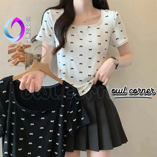 (XẢ HÀNG) Áo Thun Tay Ngắn CỔ VUÔNG HỌA TIẾT NƠ Dáng Dài Viền Ren Nữ BM00_BM127, Áo Babytee Thun Gân Kiểu In OWL CORNER