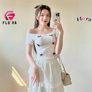 Áo croptop coquette tay ngắn trễ vai 6 nơ nữ chất thun borip, áo kiểu bệt vai ôm body sexy đẹp tôn dáng flo'ra