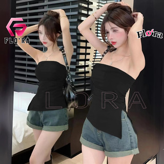 Áo ống dáng dài vạt nhọn có mút ngực nữ, áo babytee kiểu sexy vạt chéo xẻ tà chất thun gân tôn dáng flo'ra