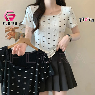 Áo Thun Tay Ngắn CỔ VUÔNG HỌA TIẾT NƠ Dáng Dài Viền Ren Nữ, Áo Babytee Coquette Chất Thun Gân Kiểu In Mềm Mát Flo'ra
