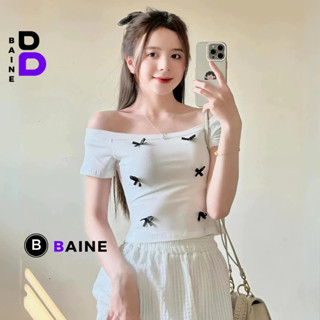 Áo Croptop Coquette TAY NGẮN TRỄ VAI 6 NƠ Nữ Chất Thun Borip CR88, Áo Kiểu Bệt Vai Sexy Ôm Body Đẹp Tôn Dáng BAINE