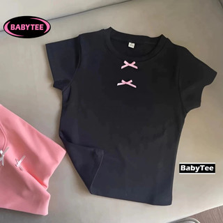 Áo thun tay ngắn cổ tròn 2 nơ dáng dài chất thun gân/borip, áo babytee nữ kiểu basic trơn babytee