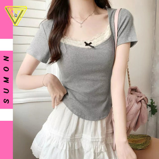 Áo Thun DÁNG DÀI CỔ VUÔNG REN NƠ Vạt Tròn Bầu Nữ, Áo Babytee Tay Ngắn Kiểu Ôm Body Chất Thun Gân SUMON