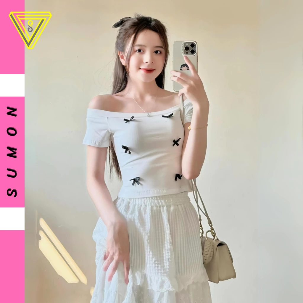 Áo Tay Ngắn TRỄ VAI 6 NƠ ôm body chất tốt CR88, Áo CRT kiểu nữ ôm thun borip  mềm mát - SUMON ôm bod