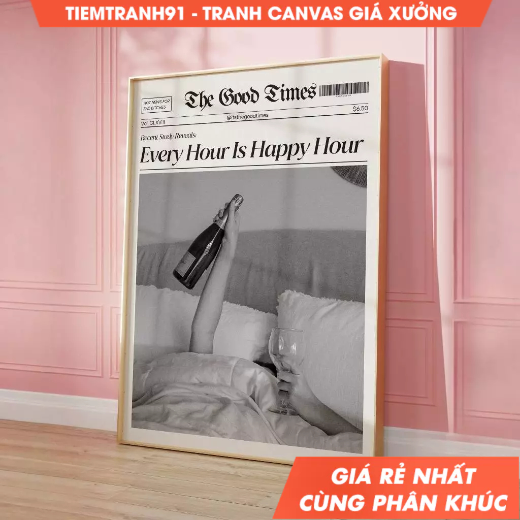 Tranh treo tường, Trendy Newspaper Print Every Hour Is Happy Hour Poster Girly Dorm Room Decor Vinta