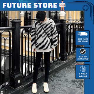 Áo len nam nữ lông xù sọc vằn phong cách boy phố_áo len neww 2023 chất vải len tàu dầy dặn