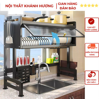 Kệ Chén Bát Trên Bồn Rửa Có Nắp Đậy Thép Carbon Không Gỉ Khung Dày Chắc Chắn