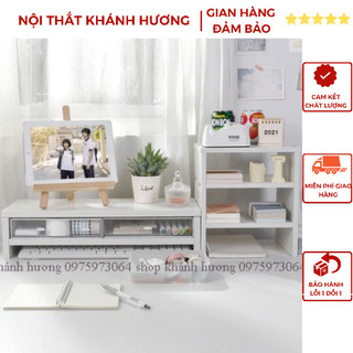 Kệ Để Máy Tính Kèm Giá Sách Bằng Gỗ Màu Trắng và Gỗ