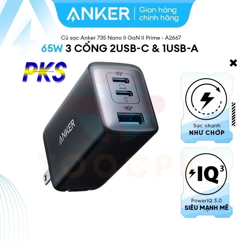 Củ sạc nhanh Anker NANO ll công suất 65w 2C1A , chuẩn sạc PD/IQ 3.0 A2667