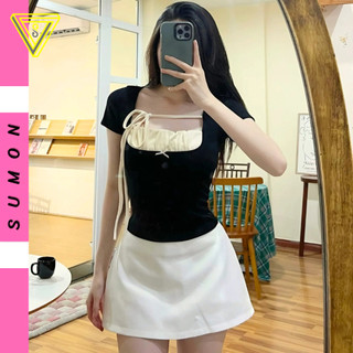 Áo Croptop Tay Ngắn CỔ VUÔNG NHÚN NGỰC Thắt Dây Nơ, Áo Thun Chất Thun Gân Ôm Body Kiểu Sexy Nữ Tôn Dáng - SUMON